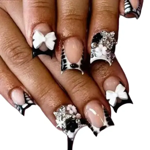 24Pcs Press On Nails Short Duck Nails Black White Leopard French 3D Bow Flower Glitter Rhinestone Star Fake Nails Y2K Nails Coquette Nails Party Club Night