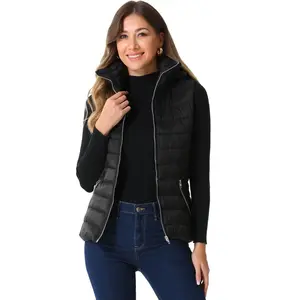 Allegra K Women's Zip-Up Sleeveless Winter Hoodie Quilted Jacket Black Medium