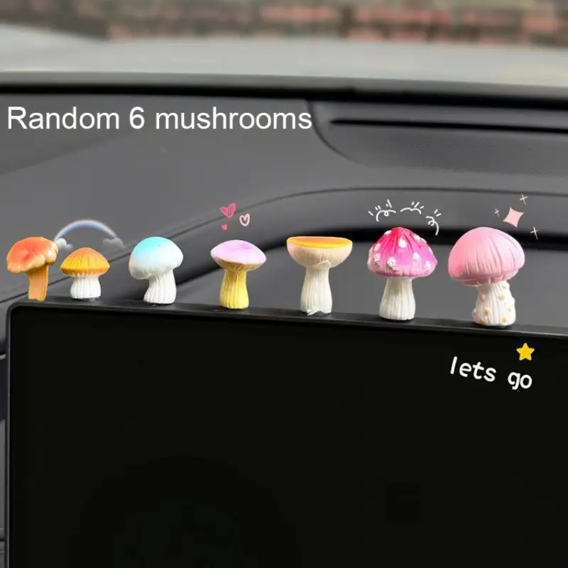 Colorful Mini Mushroom Car Decor Set, Random 6 Pcs Cute Resin Figurines, Kawaii Dashboard Accessories for Women & Girls, Desk, Plant Pot, Fairy Garden, Car Interior Decoration, Car Ornament, Car Dashboard Decorations, Car Interior Decorative