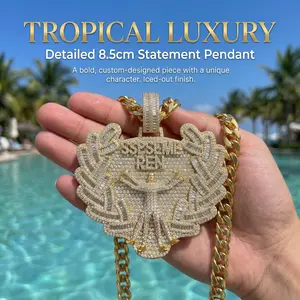 Custom Self-Made Boss Drip👑 Iced Out Personalized Text Pendant| Yellow Gold Hip Hop Trap Chain For Men| Ace Of Spades Bling Rapper Streetwear Jewelry| Custom Crew Name Laurel Wreath Medallion (Comes with Basic 4mm Twisted Rope Chain)
