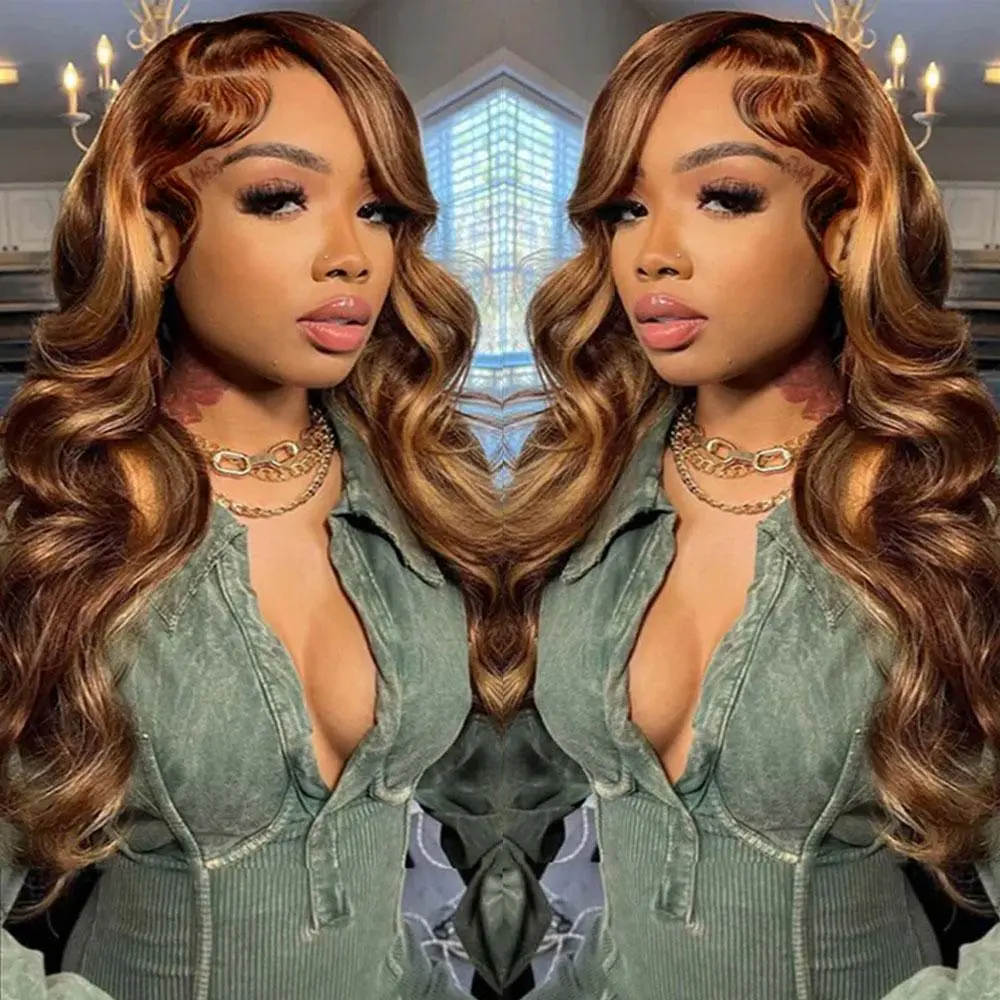 [BROWN HIGHLIGHT BODY WAVE ]ALIGLOSSY 13x4 4/30 Highlight Body Wave Wig Human Hair Lace Frontal Wigs Human Hair Pre Plucked 180 Density Body Wave Human Hair Wigs