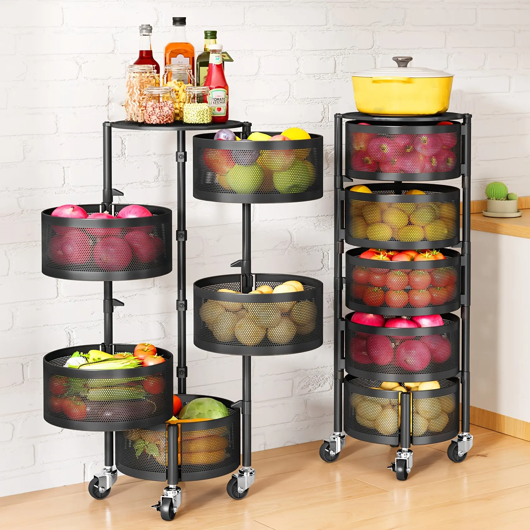 3-Tier Black Steel Rotating Kitchen Storage Shelf with Transparent Basket-Self-Standing, Multi-Layer Vegetable and Fruit Storage Rack with Wheels for Easy Mobility, Perfect for Snacks and Meal Preparation