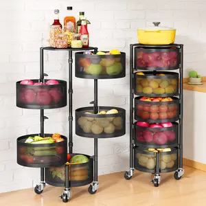 3-Tier Black Steel Rotating Kitchen Storage Shelf with Transparent Basket-Self-Standing, Multi-Layer Vegetable and Fruit Storage Rack with Wheels for Easy Mobility, Perfect for Snacks and Meal Preparation