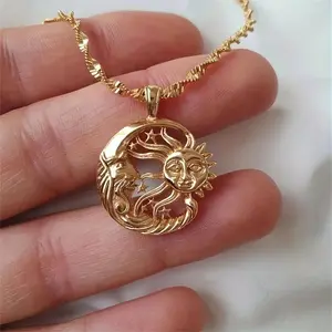 Golden Vintage Hollow Star Sun Moon Pattern Pendant Necklace Women's Personality Necklace Party Jewelry
