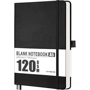 Blank Journal Notebook, 160 Pages, A5 Medium Size (5.7'' x 8.3''), 120 GSM Thick Paper, Leather Hardcover, for Sketching, Drawing, Painting (Black)