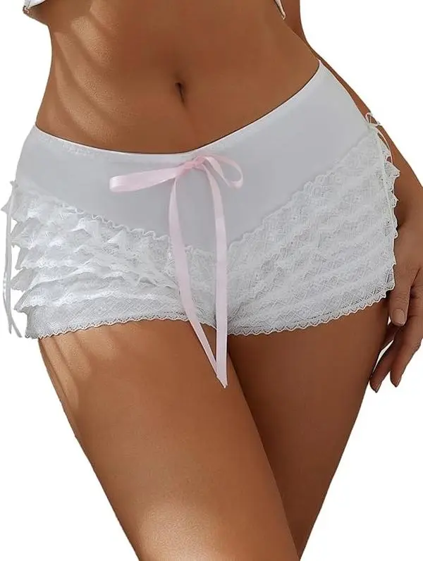 Women Lolita Bloomers White Ruffle Shorts with Bow Sexy Boy Short Panties Fairy Lace Layered Bottoms Y2k Cute Pettipants Womenswear Comfort Maternity Breathable Comfy Shorts High Rise Shorts Drawstring Active Shorts Basic