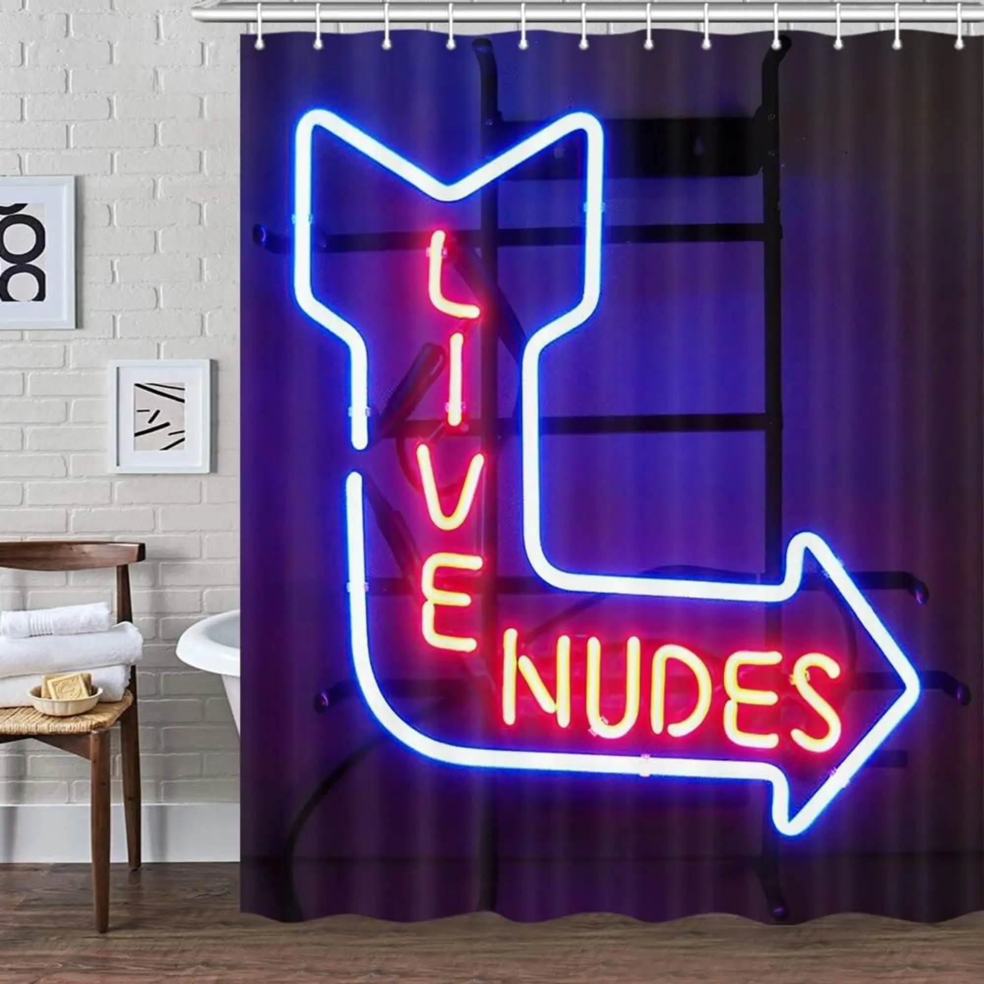 72x72in Waterproof Polyester Funny Neon "Live Nudes" Bathroom Curtains Shower Set with Hooks, Advanced Digital Printing, Added Thickness, Straight/Curved Fit, Cool Dorm Decor, Birthday Party Accessory