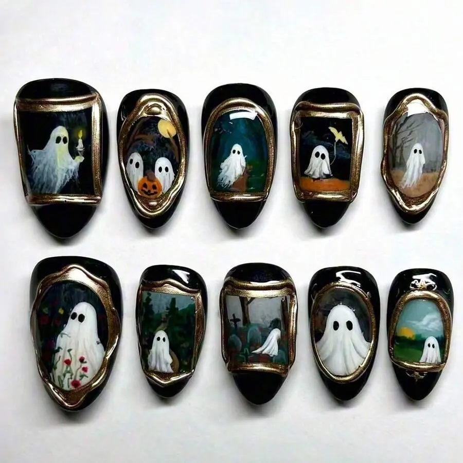 30pcs Halloween Press-On Nails Handmade Almond Shaped , Black Base Fake Nails, Vintage Frame Hand-Painted Ghost Pumpkin Cemetery Print, Gold Trim Glossy Full Coverage Nail Tips, Women's Dark Gothic Style Halloween Manicure