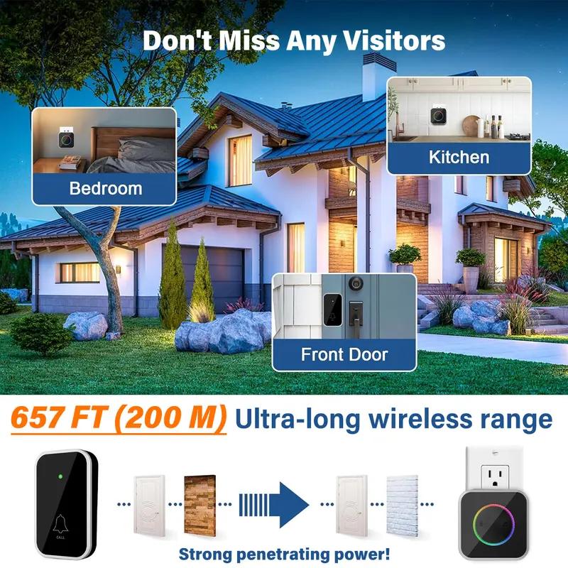 1000ft Long Range Wireless Doorbell with 45 Chimes & Colorful LED | Waterproof, Easy Installation, Adjustable Volume for Home, Office & Classroom.