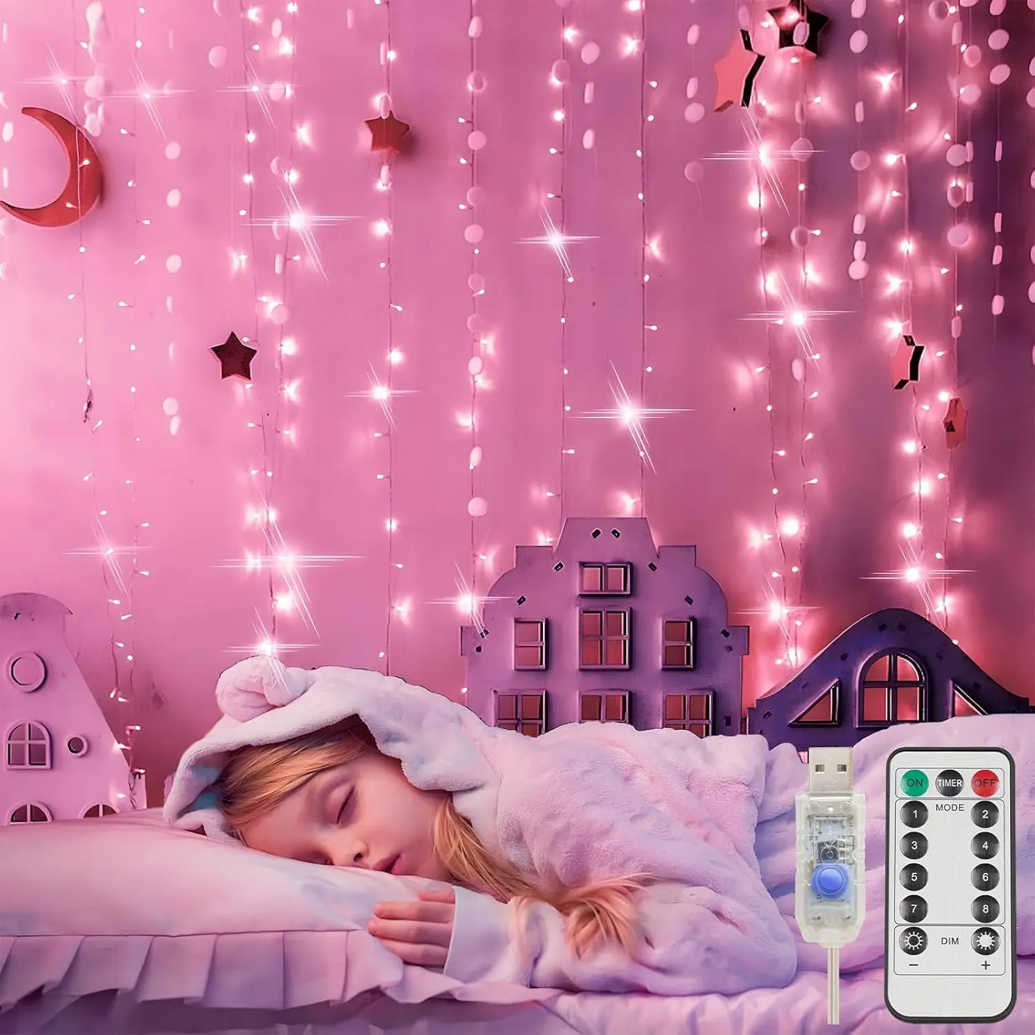 SUDDUS Curtain Lights for Bedroom, 200 LEDs, 6.5 ft x 6.5 ft Hanging String Lights for Outdoor Use, Fairy Curtain Lights for Backdrop, Windows, Walls, Weddings, Parties, Gardens, Porches, Birthday Decorations – Pink