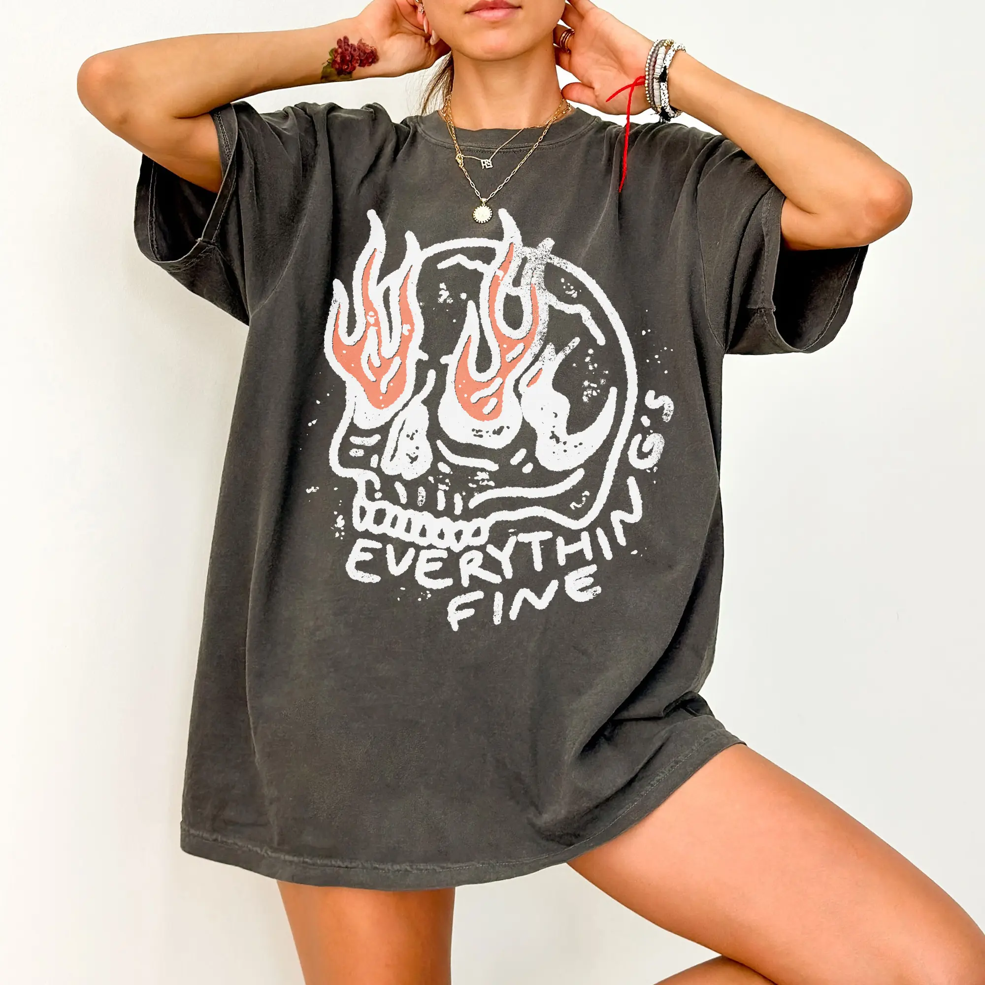 Everythings Fine Skeleton Comfort Color Shirt, Retro Rockn Roll Skeleton Shirt, Sarcastic Halloween Shirt, 90s Grunge TShirt, Gothic Skull Tee