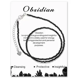 Black Obsidian Choker Necklace - 15+2inches Natural Gemstone Beaded Necklaces - Handmade Spiritual Healing Necklace for Balancing Energy