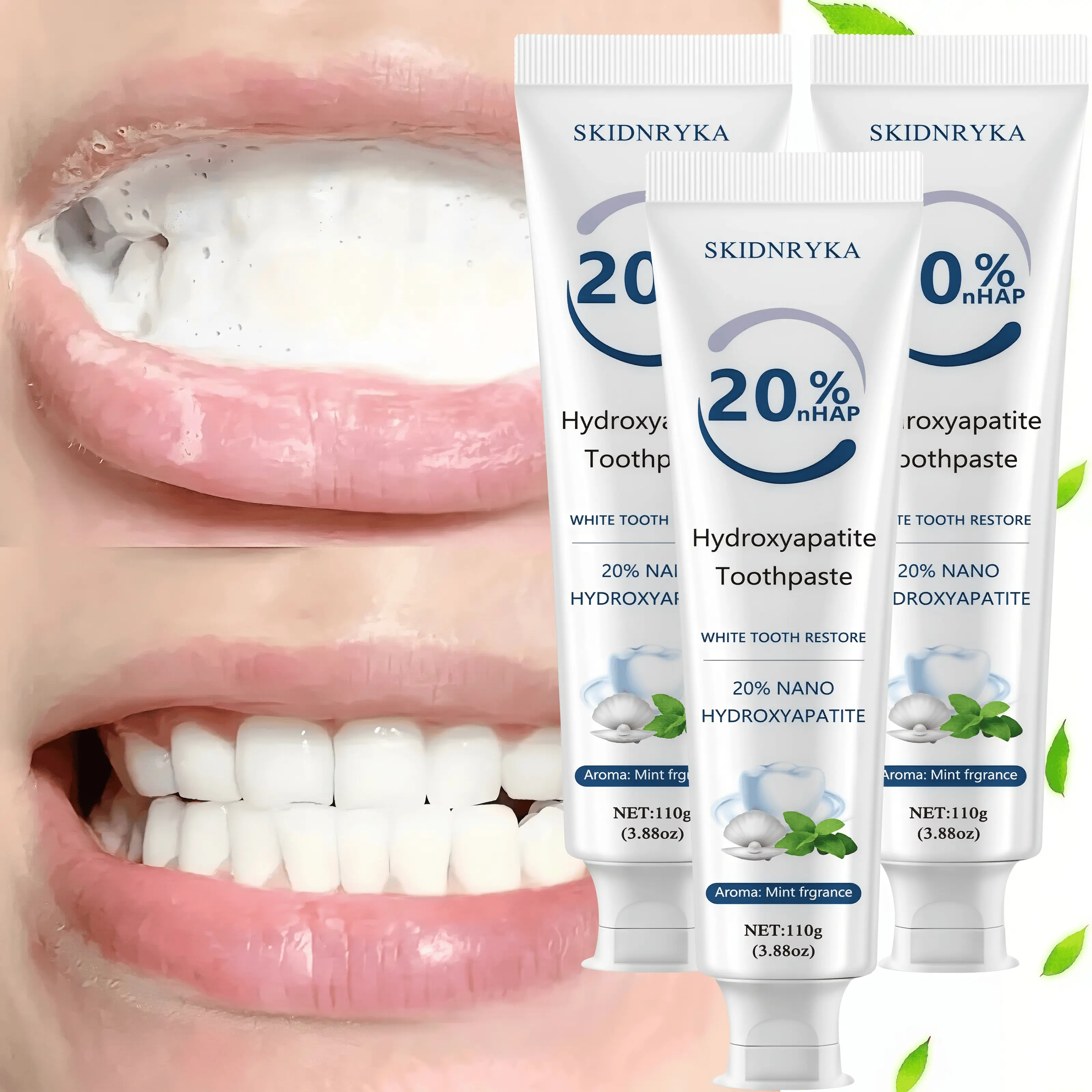 SKIDNRYKA 20% Hydroxyapatite Whitening Toothpaste (110g Single Tube, Minty Flavor) - Gentle Deep Cleaning, Long-Lasting Fresh Breath, Bright Smile, Daily Brush Oral Care for All Ages, Home & Travel Use, Toothpaste Hydroxyapatite