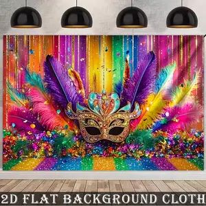 2D Flat - 1 Polyester Fiber Carnival Background Banner | Rainbow Feather Mask Festival Background Picture, Multi-functional Decoration for Gatherings, Family and Garden Celebrations, No Electricity