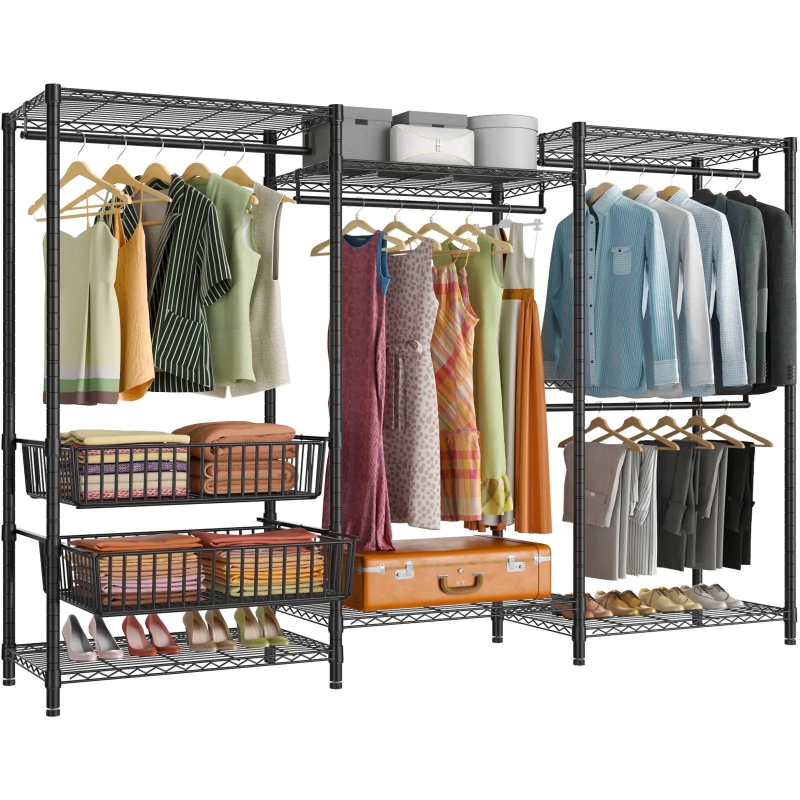 VIPEK V10 Portable Wardrobe Heavy Duty Closet Rack with Hanging Rods, Bedroom Closet Organizer 5-Tier Wire Shelves & 2 Slide-Out Baskets, Wardrobe Storage Solution Double Tiers, Black