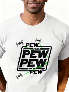 Men's Sci-Fi Style T-Shirt, Pew Pew Pattern Trendy Casual Shirt, Perfect for Star Wars and Space Enthusiasts, Fashionable Leisure Clothing