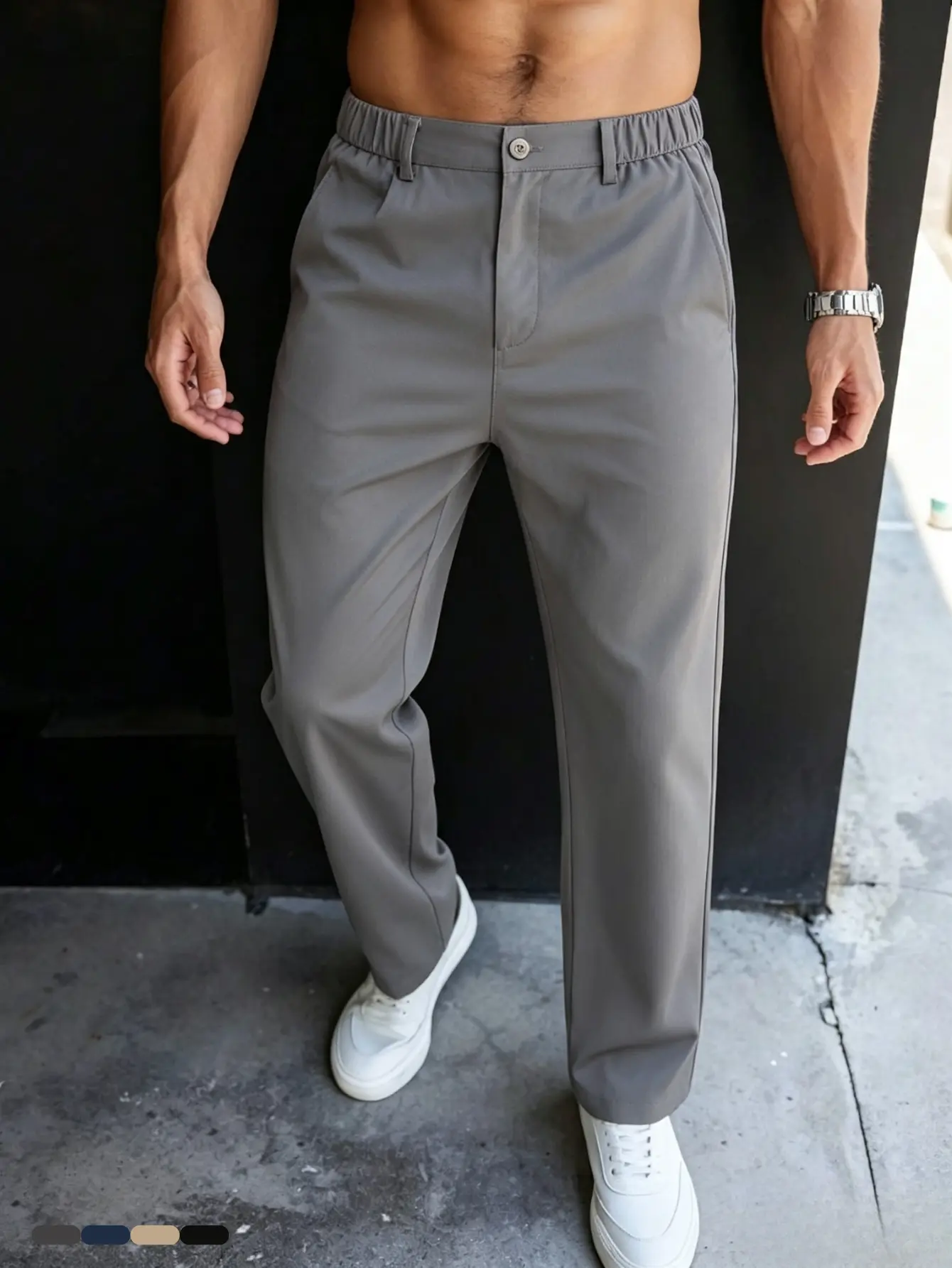 Men’s straight-leg casual dress pants with a half elastic waistband, drapey fabric, versatile for business and everyday wear, long length.