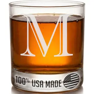 11oz Whiskey Rocks Glass (Letter M), A-Z Customized Bourbon Gifts for Men, Personalized Old Fashioned Scotch Glass, Custom Engraved Gifts for Him for Father's Day