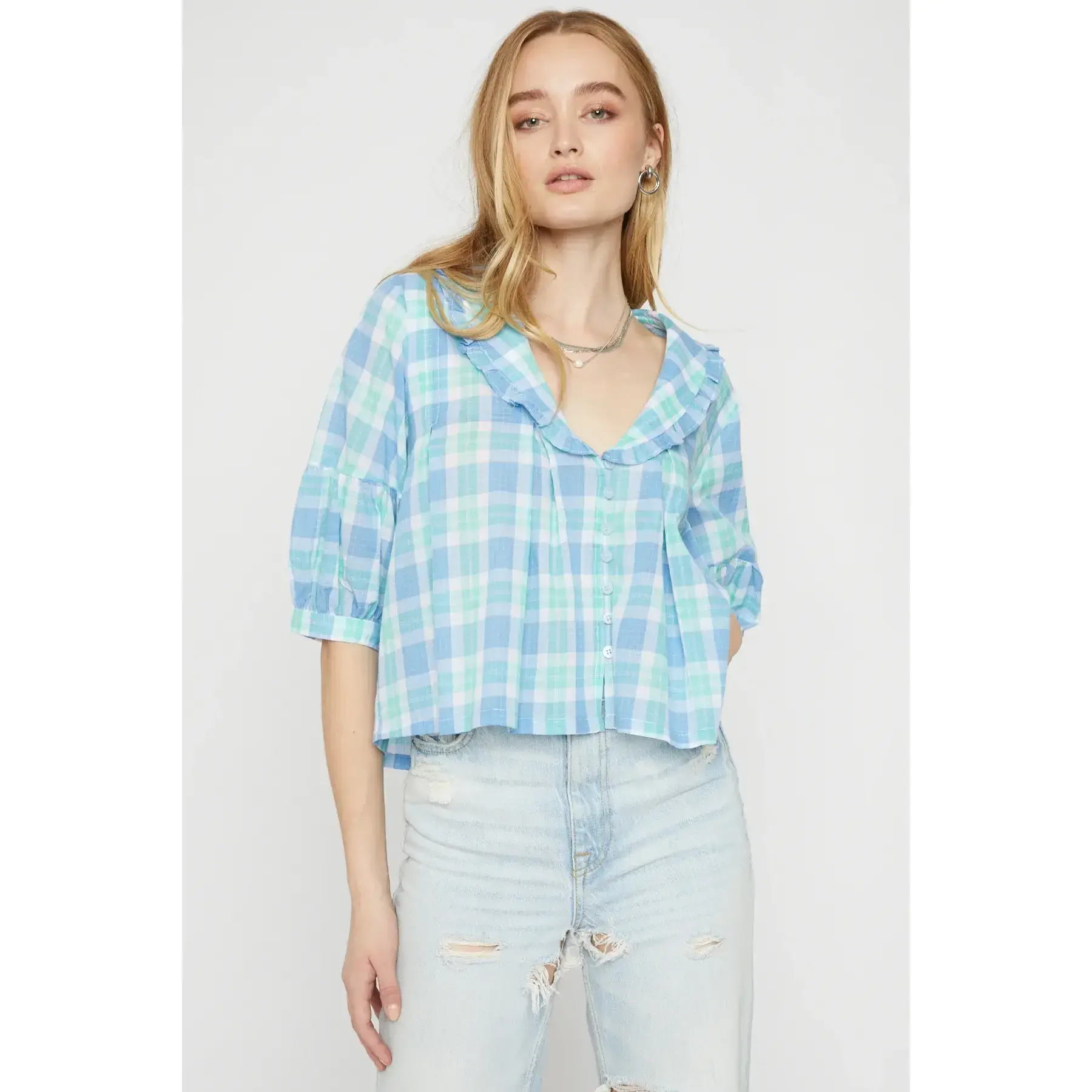 Women's Ruffle Collar 3/4 Sleeve Babydoll Blouse - GST2262
