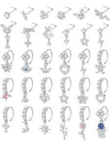 30-Piece 20G Dangle Nose Ring L-Shaped Nose Stud Earrings Women's Copper Dangle Nose Ring CZ Flowers Stars Butterflies Heart-Shaped Nose Studs Nose Piercing Jewelry