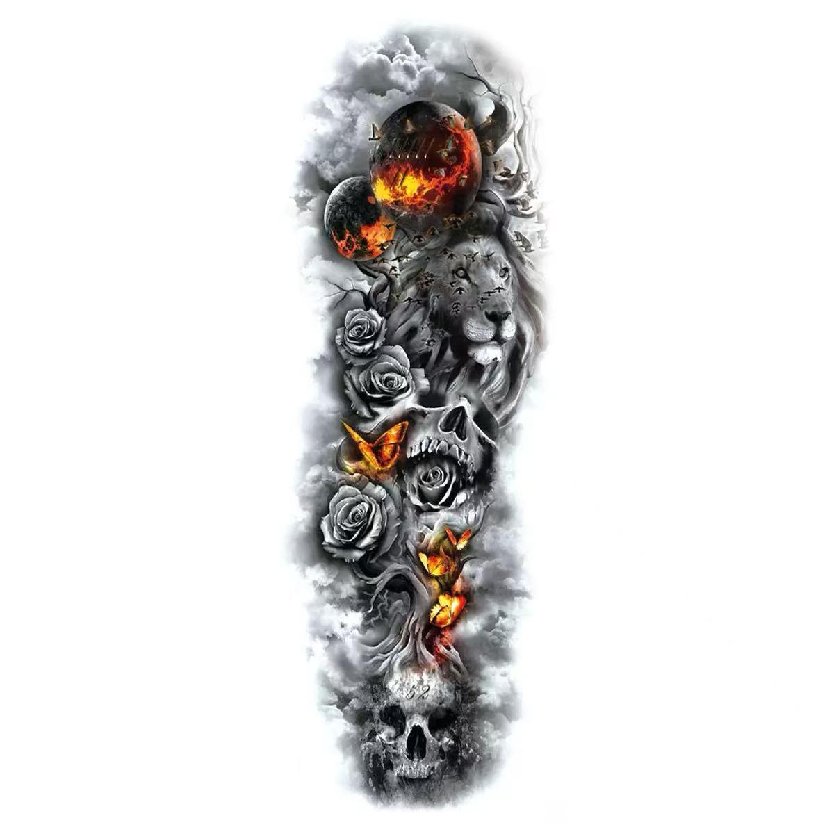 8 Full-Arm Tattoo Stickers: Crown, Lion, Skull, Angel, Wolf, Rose, Clock; Waterproof Tattoo Stickers