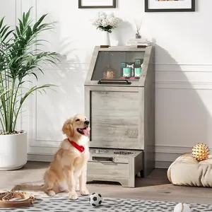 Elevated Dog Feeding Station with Storage Cabinet, Raised Pet Food Stand with Reversible Top & 2 Stainless Steel Bowls, Modern Pet Organizer Furniture for Kitchen & Dining Room