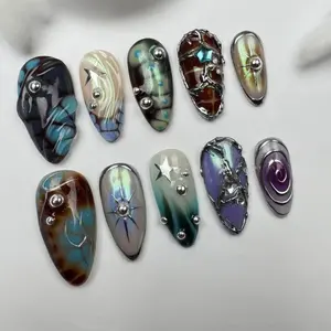 Galaxy Chrome Press-On Nails, 3D Silver Metal Beads & Star Charms, Iridescent Holographic Finish, Blue Purple Gradient Marble Design, Futuristic Spacecore Style, Perfect for Party & Night Out Looks