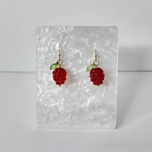 #184 Raspberry & Green Leaf Earrings, Casual, Everyday Summer Fruit Food Jewelry