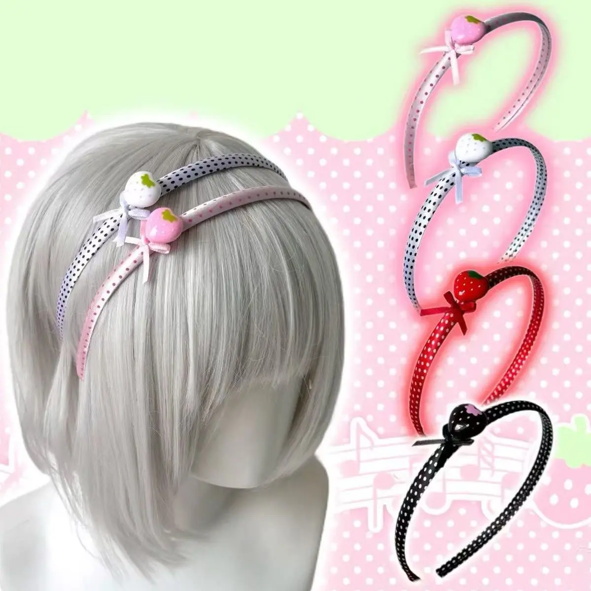 Purple Polka Dot Ribbon Strawberry Thin Hair Styling Headband - Sweet Lolita Mini Bow, Unisex Everyday Fashion Hair Accessory for Girls, Fashion Headbands, Hair Accessories Set