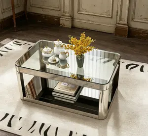 Modern Baked Curved Mirror Rectangular Coffee Table, Glass-Top Living Room Center Table, Premium Indoor Furniture