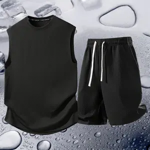 Men's Sleeveless Tank Top & Shorts Set Waffle Texture Breathable Cool High Elastic Drawstring Waist Loose Fit Summer Ice Silk Touch Comfortable Skin-Friendly mens  shapewear  usa