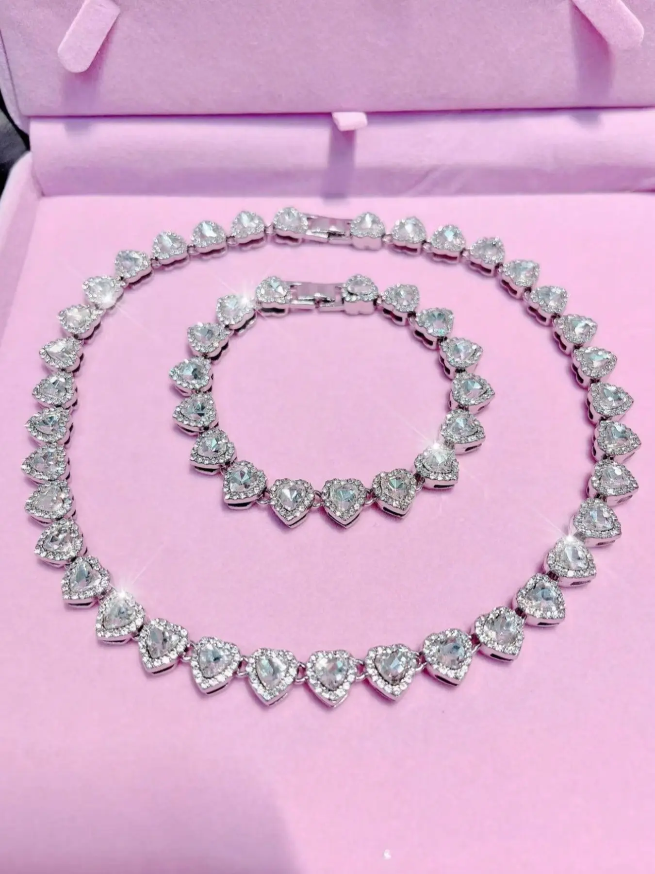 Rhinestone Heart Jewelry Set, Sparkling Necklace and Bracelet, Silver Color Jewelry for Parties, Romantic Gift for Women