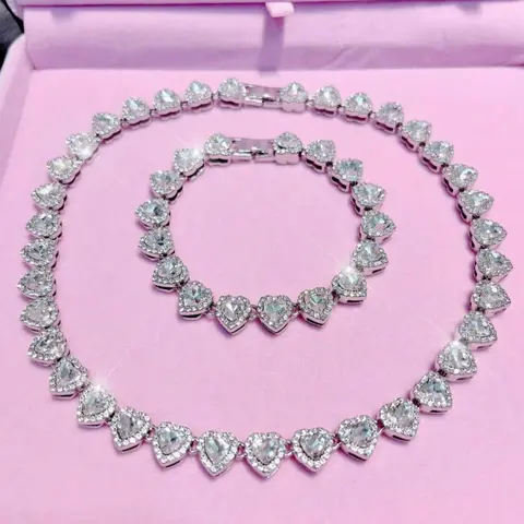 【Black Friday】Heart-Shaped Rhinestone Necklace and Bracelet Set, Sparkling Silver-Tone Party Jewelry for Women, Romantic Gift with 45 cm Necklace and 20 cm Bracelet