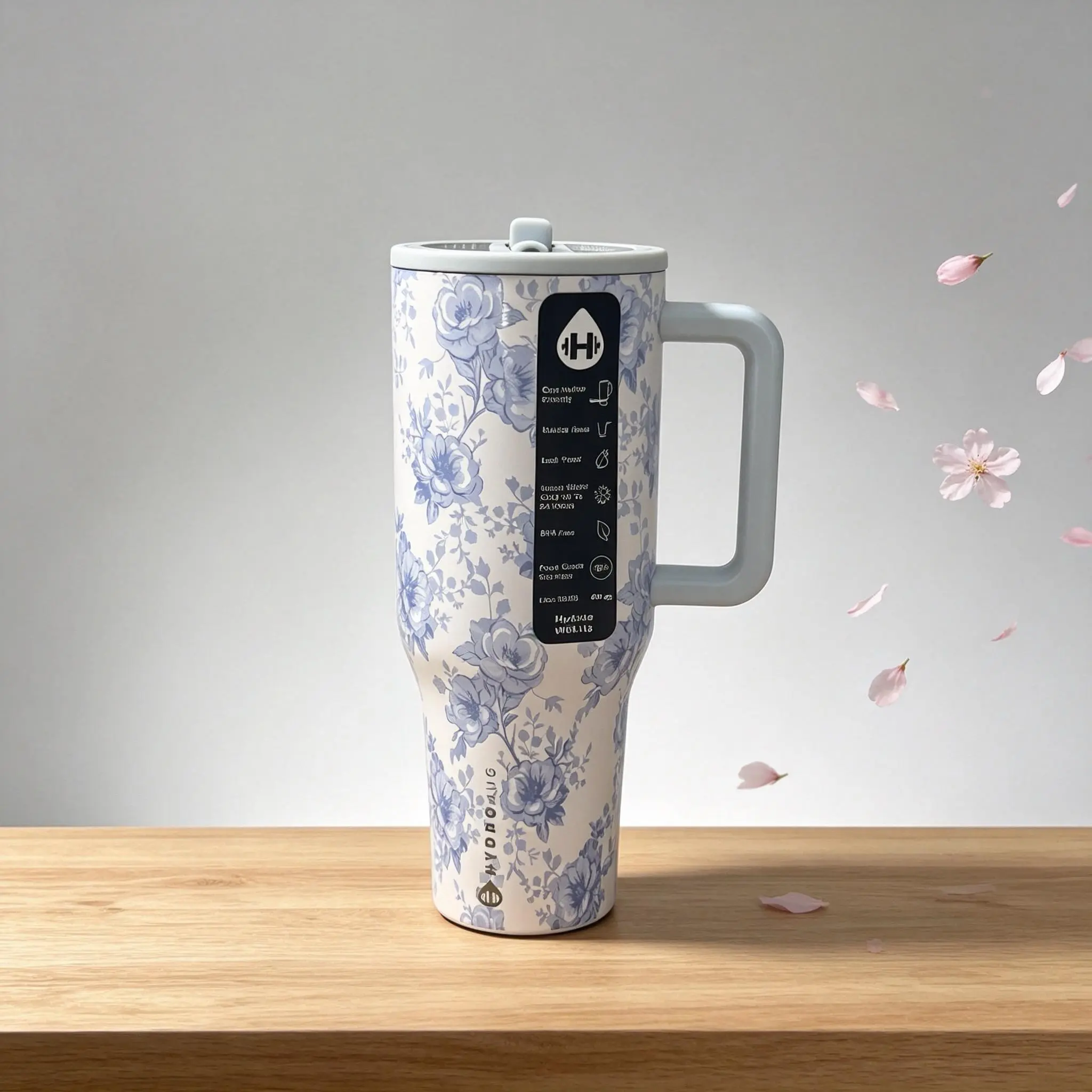 40oz Insulated Stainless Steel HydroJug Tumbler - Vintage Light Blue Floral Print, BPA-Free, Handle, Cup Holder Friendly, for Coffee  & Daily Use (Stranger Things Dr Pepper Themed) Drinkware Flasks Stylish Mug Bottled Portable Bottles Water Bottles