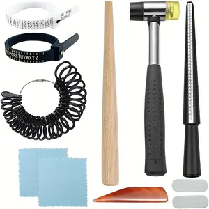 11 Pcs Ring Sizer Measuring Tool Set,Premium Ring Making Kit with Ring Mandrel Circle Models Metal Stick Rubber Jewelers Hammer And Polishing Tools for Jewelry Making Crafts,DIY Hand Tools Kits