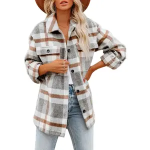 Women's Flannel Plaid Shacket Long Sleeve Button Down Shirts Jacket Coats with Side Pockets