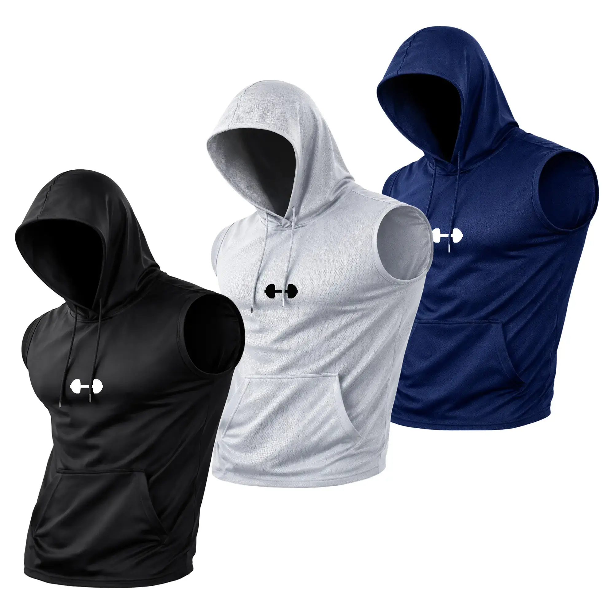 Men's 3-Pack Dry Fit Active Hooded Tank Tops - Quick-Dry, Cooling Sleeveless Shirts with Print, Shape-Hold Fabric Streetwear Ready Outdoor Run Fit Apparel for Gym, Fitness Apparel, Casual Running Tops, Polyester Clothes