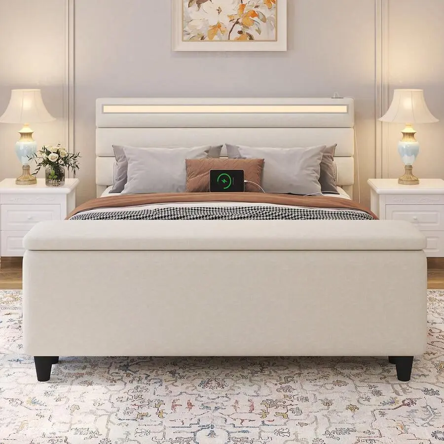 Beige Upholstered Panel Storage Bed, [Size] Bedroom Furniture, RGB LED Lights App Control, Headboard Charging Station With 5 Ports, Bed End Storage Cabinet, Sturdy 1003 Lbs Capacity, Noise Free, No Box Spring Needed