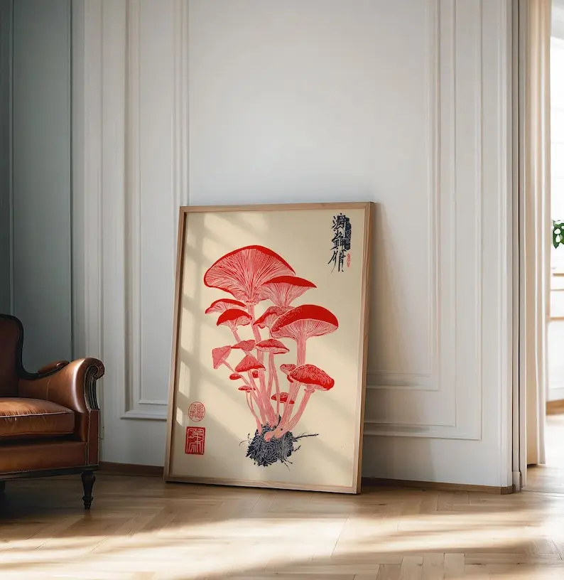Vintage Mushroom Botanical Poster Japanese Inspired Cottagecore Wall Art