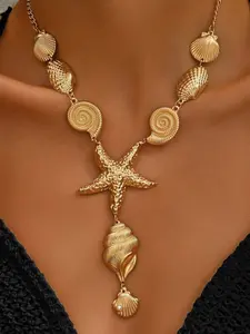 1pc Sale Ocean Vacation Style Girl`s Holiday Necklace, Unique Fashion Imitation Pearl Conch Starfish Shell Y Shape Statement Necklace, Women's Beach Bikini Jewelry, Gift for Her
