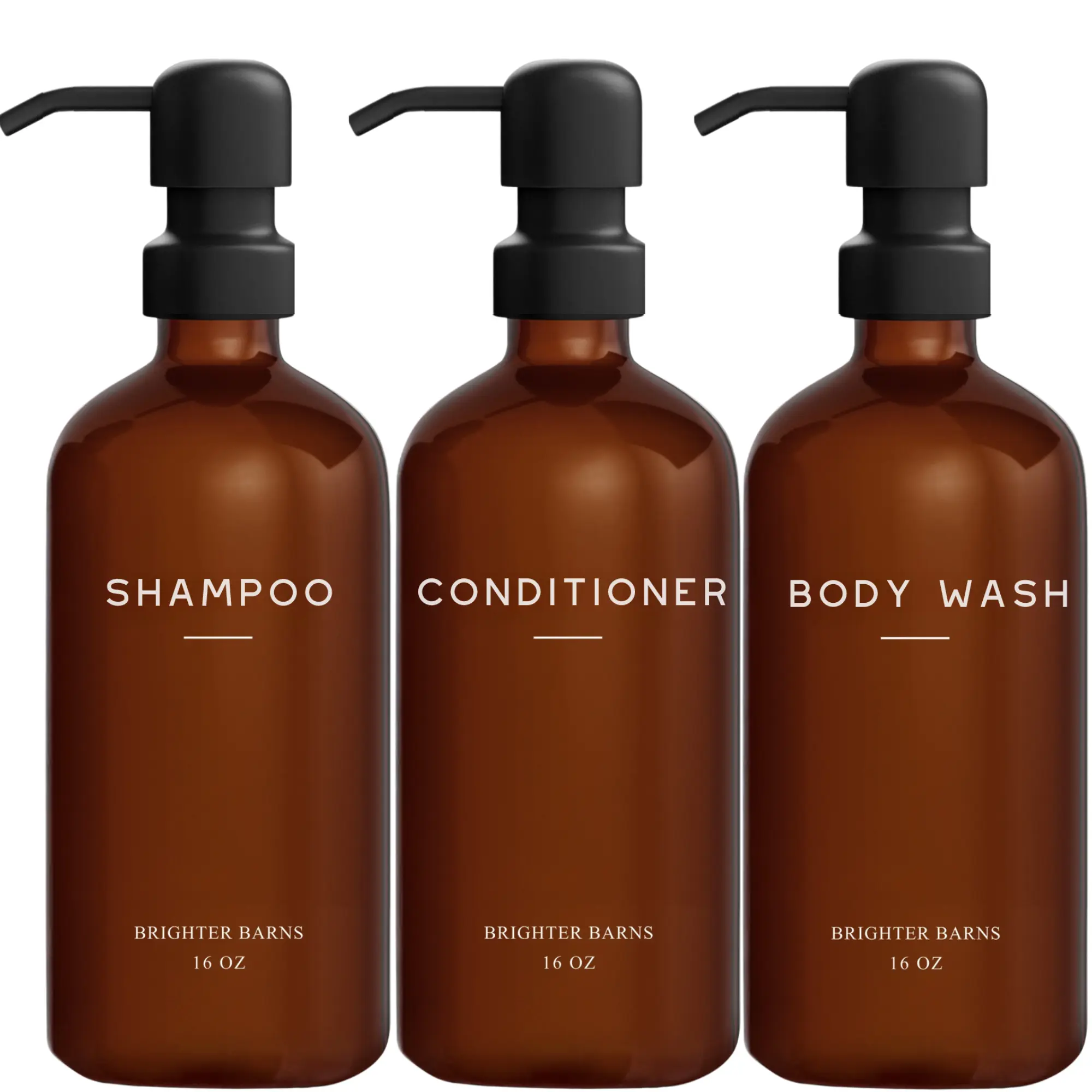 Amber Shampoo and Conditioner Dispenser Set by Brighter Barns - Body Wash and Shampoo Bottles with Pump - Refillable Plastic Shower Dispenser for Modern Bathroom Decor in Vacation Rental, Spa (Amber)