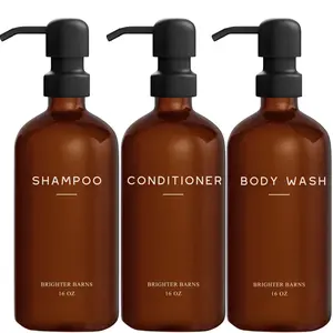 Amber Shampoo and Conditioner Dispenser Set by Brighter Barns - Body Wash and Shampoo Bottles with Pump - Refillable Plastic Shower Dispenser for Modern Bathroom Decor in Vacation Rental, Spa (Amber)