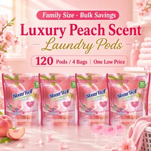 30 Pcs/Bag, | 1Bag/4 Bags 3-in-1 Laundry Detergent Pods, Family Size, BloomWell Miss Peach, 3D Fragrance Lock-In Microcapsule Beads, Long-Lasting Scent, Luxury Fragrance, Stain Removal, HE Compatible, Laundry Pods for Fresh Clothes