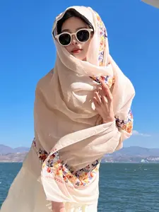 Women's Embroidered Silk Scarf Shawl, Vintage Style Summer Beach Wrap, Cotton Linen Material, Perfect for Sun Protection & Stylish