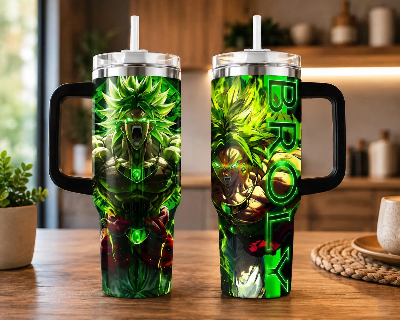 Anime Inspired Green Warrior 40oz Stainless Steel Tumbler with Handle, Vacuum Insulated Travel Mug with Straw, Reusable Cup for Hot & Cold Beverages