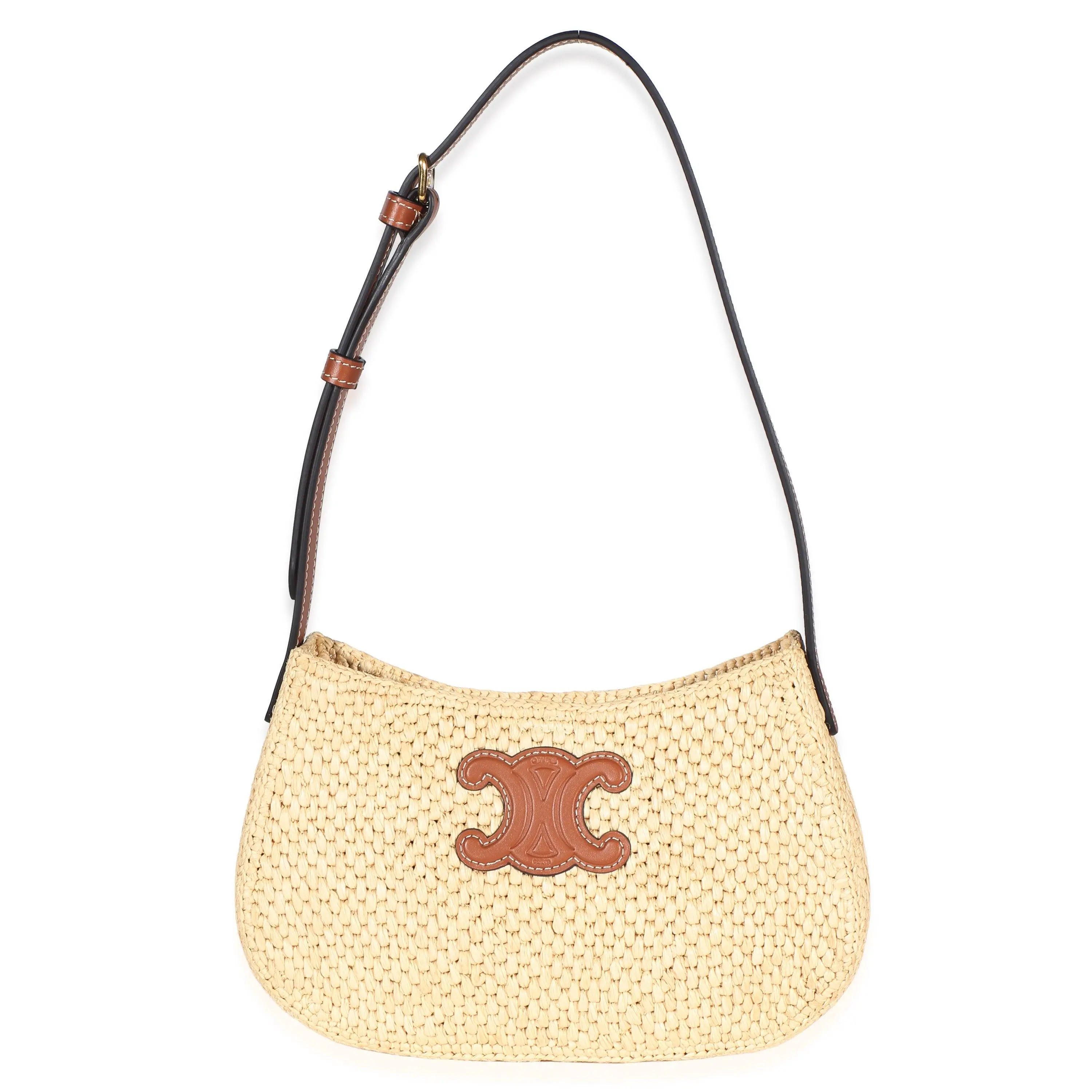 Pre-owned Celine leather/raffia Shoulder Bag NY156855 Natural Raffia Calfskin Triomphe Medium Tilly Shoulder Bag