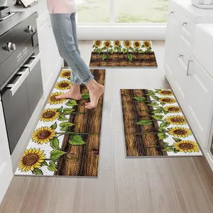 1/2/3PCS Farmhouse Kitchen Rugs Set,Wooden Fence Sunflower Rustic Country Style Floor Mats,Non Slip Washable Foldable Durable Pineapple Texture Design Mats for Kitchen Decor,16"X24"/20"X32"/20"X47"