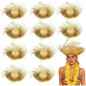 10 Pcs Pava Hat Puerto Rico,Handwoven Hawaiian Straw Hat,Beach Party Straw Hat Frayed Edge Design,Straw Hats Suitable for Vacations Parties Beach Gatherings Khaki2026
