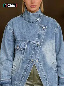 GILIPUR Women's Light Blue Washed Asymmetric Button Denim Jacket, Stand Collar Loose Fit Long Sleeve Jean Coat with Contrast Stitching, Casual Edgy Streetwear Daily Commute Layered Outfits for Women TChic