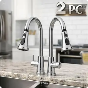 2pcs Kitchen Faucet Head Replacement Chrome, 3-Function Pull Down Faucet Spray Head Universal Pull-Out Sink Sprayer Nozzle, Easy Installation, High Pressurpre